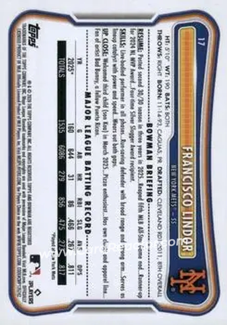 2026 Bowman - Neon Green #17 - Francisco Lindor - New York Mets - Back