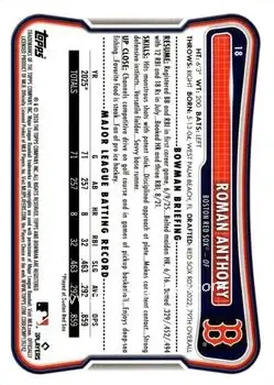 2026 Bowman - Neon Green #18 - Roman Anthony - Boston Red Sox - Back 2026 Bowman - Neon Green #18 - Roman Anthony - Boston Red Sox - Back