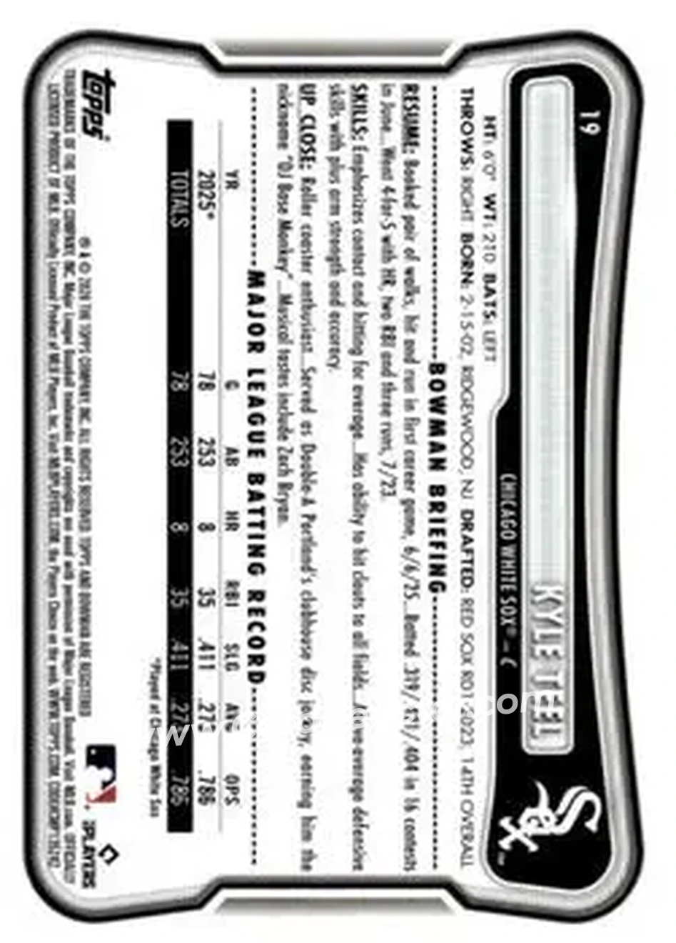 2026 Bowman - Neon Green #19 - Kyle Teel - Chicago White Sox - Back