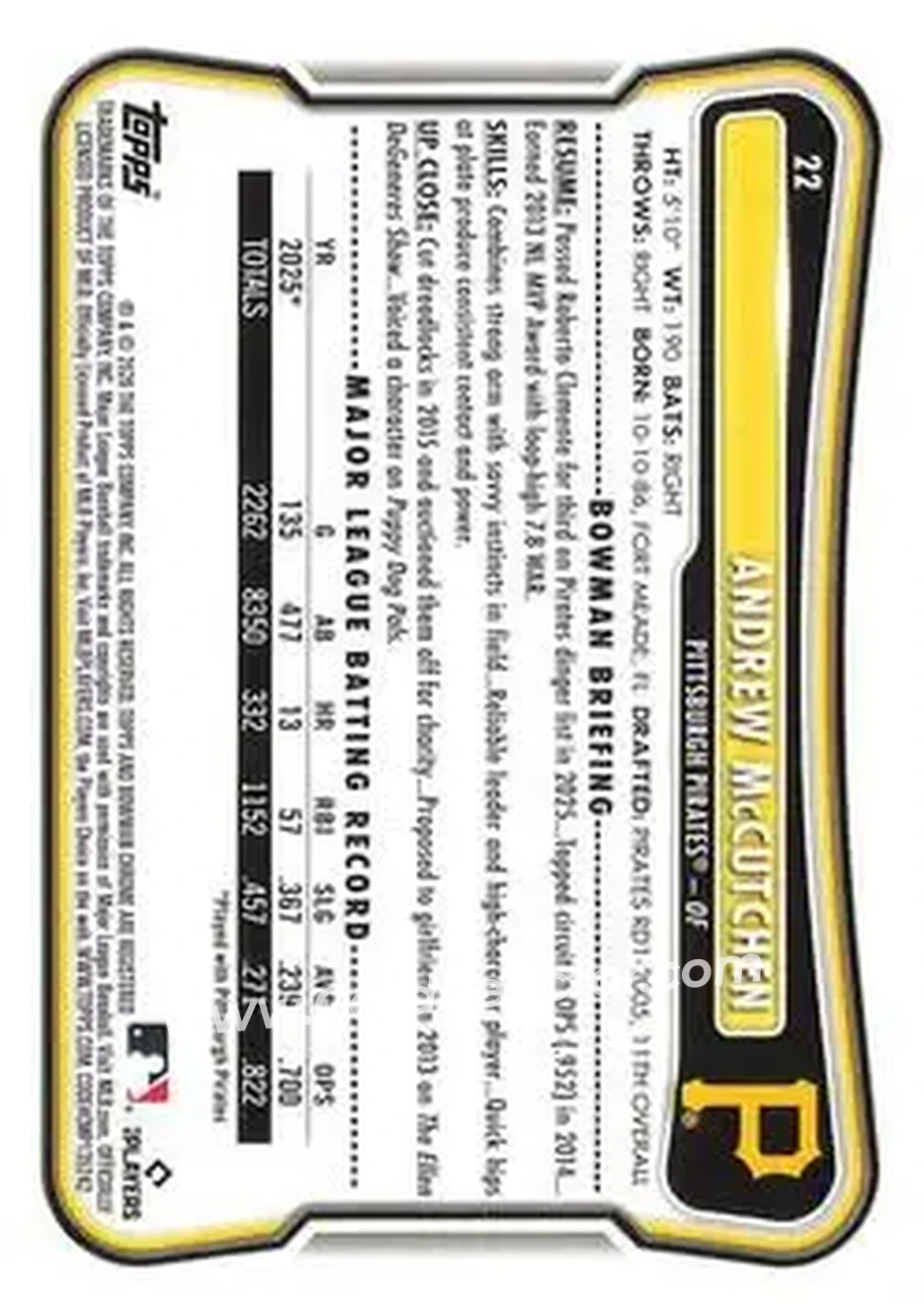 2026 Bowman - Neon Green #22 - Andrew McCutchen - Pittsburgh Pirates - Back