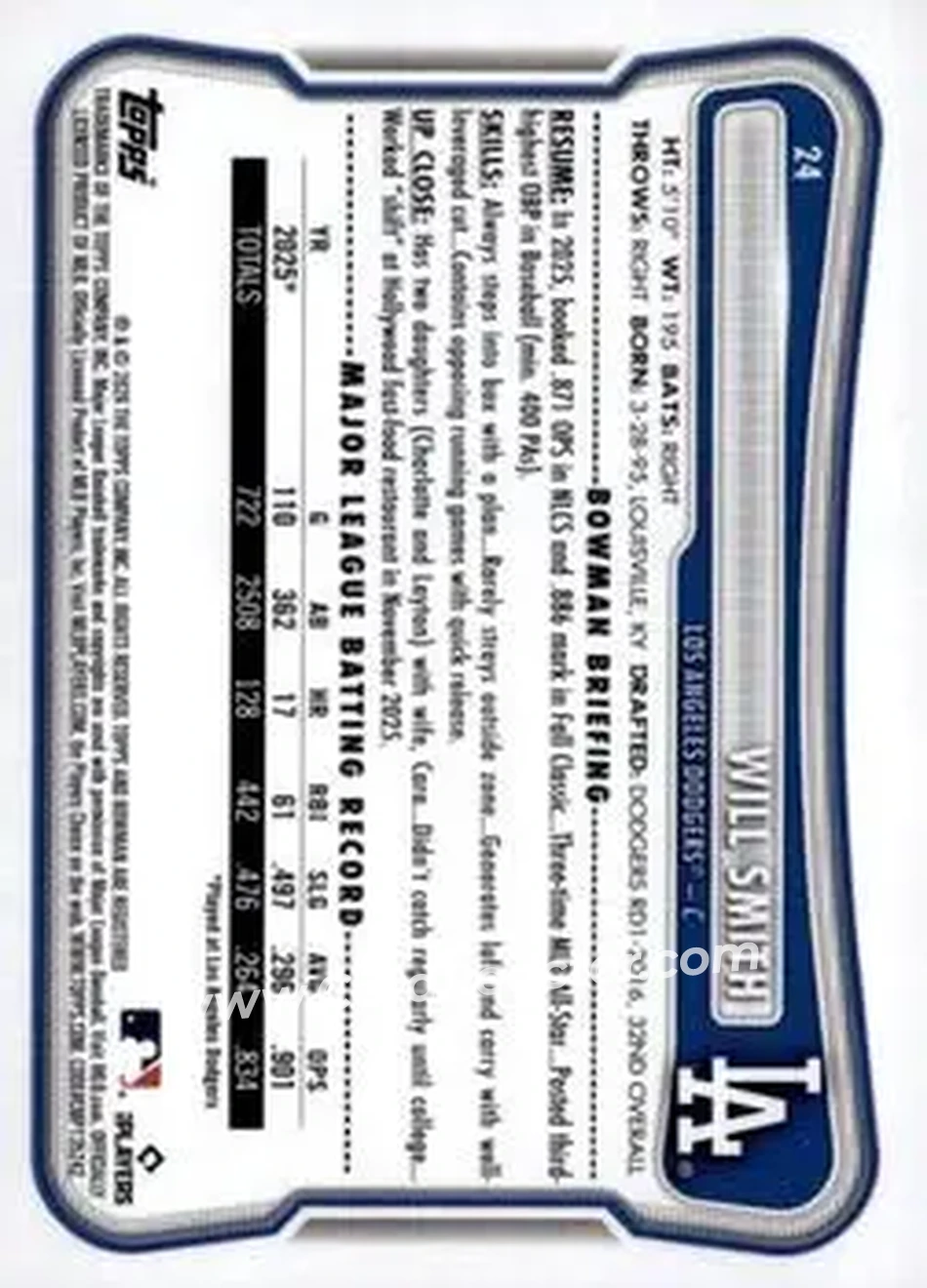 2026 Bowman - Neon Green #24 - Will Smith - Los Angeles Dodgers - Back