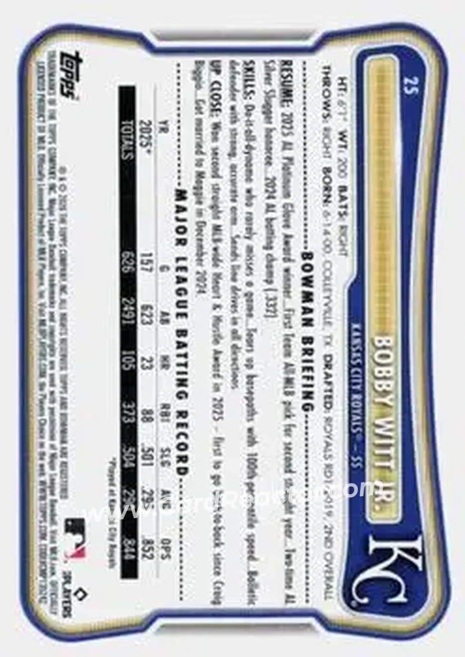 2026 Bowman - Neon Green #25 - Bobby Witt Jr. - Kansas City Royals - Back 2026 Bowman - Neon Green #25 - Bobby Witt Jr. - Kansas City Royals - Back