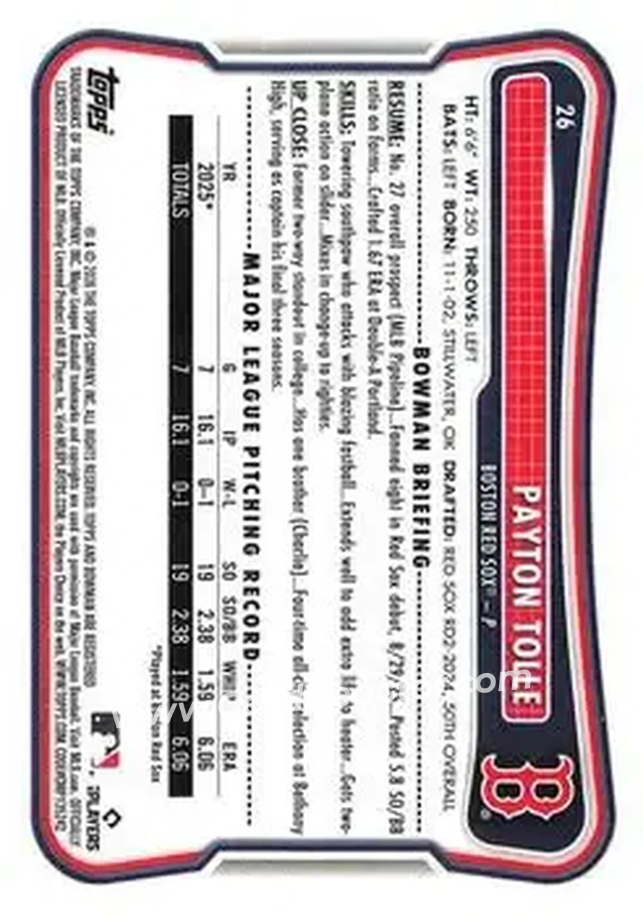 2026 Bowman - Neon Green #26 - Payton Tolle - Boston Red Sox - Back 2026 Bowman - Neon Green #26 - Payton Tolle - Boston Red Sox - Back