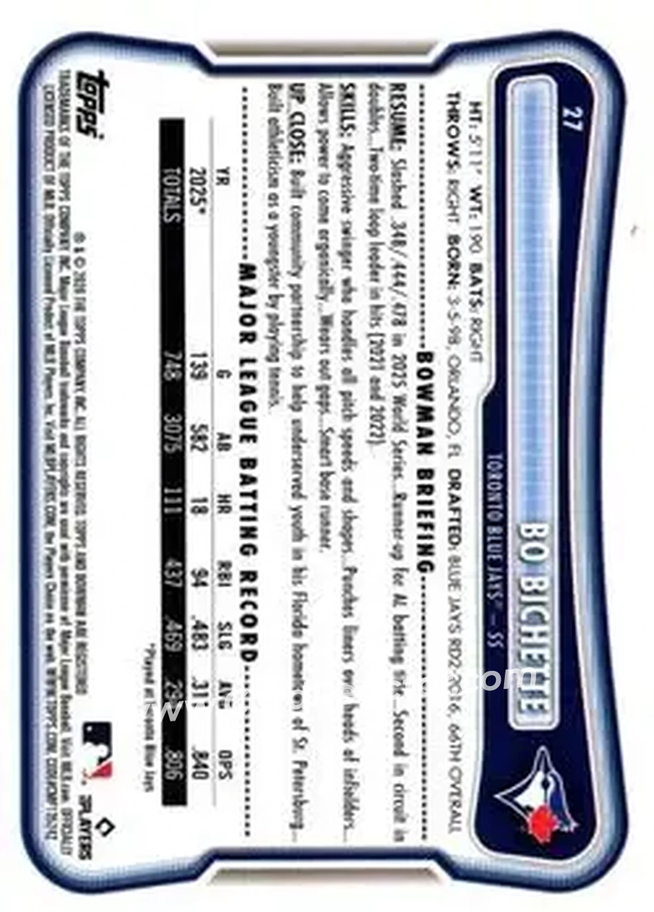 2026 Bowman - Neon Green #27 - Bo Bichette - Toronto Blue Jays - Back