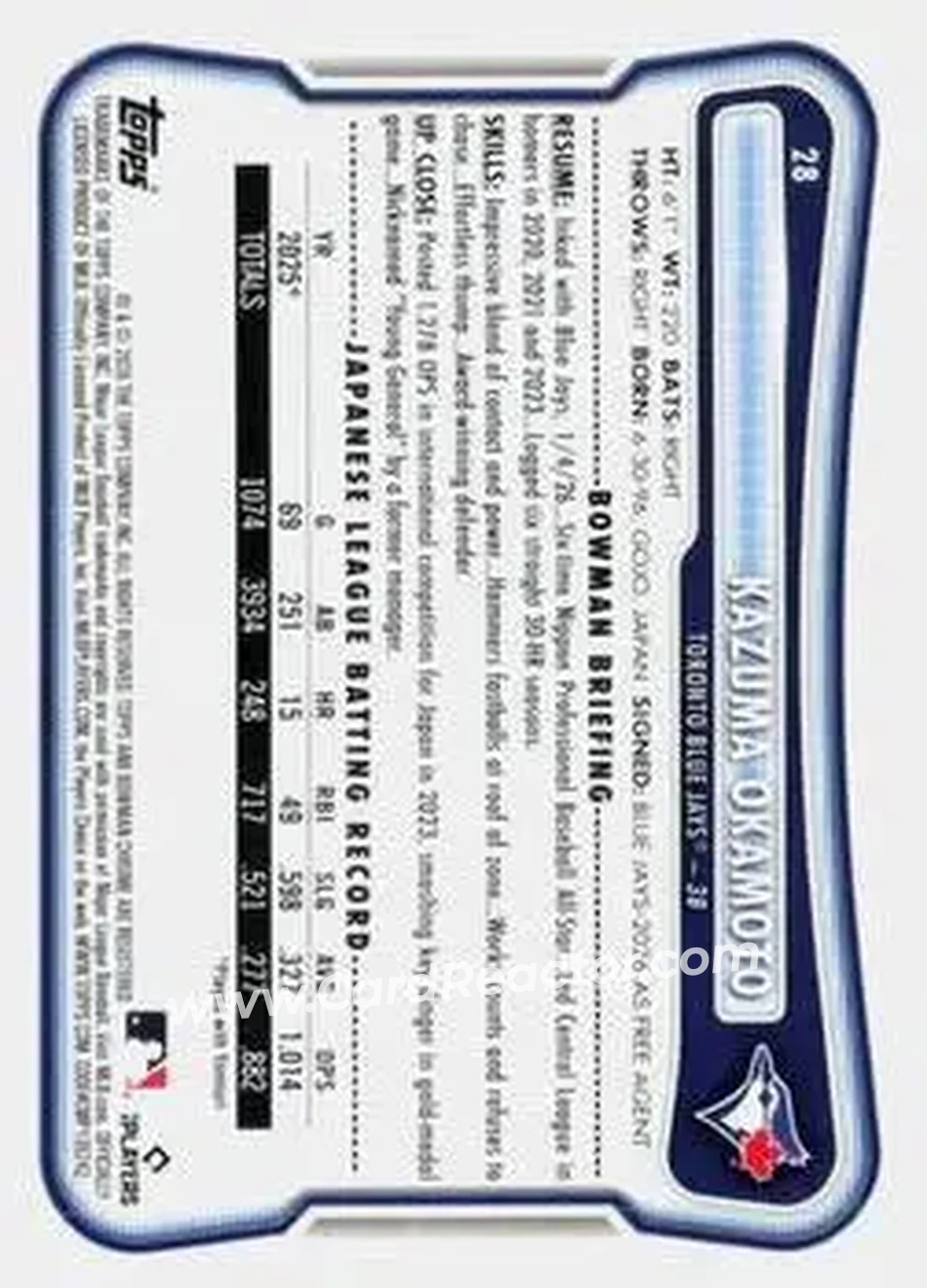2026 Bowman - Neon Green #28 - Kazuma Okamoto - Toronto Blue Jays - Back