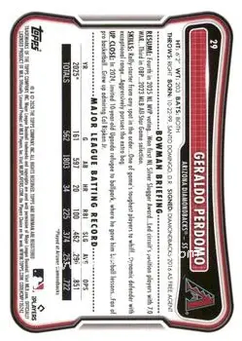 2026 Bowman - Neon Green #29 - Geraldo Perdomo - Arizona Diamondbacks - Back 2026 Bowman - Neon Green #29 - Geraldo Perdomo - Arizona Diamondbacks - Back