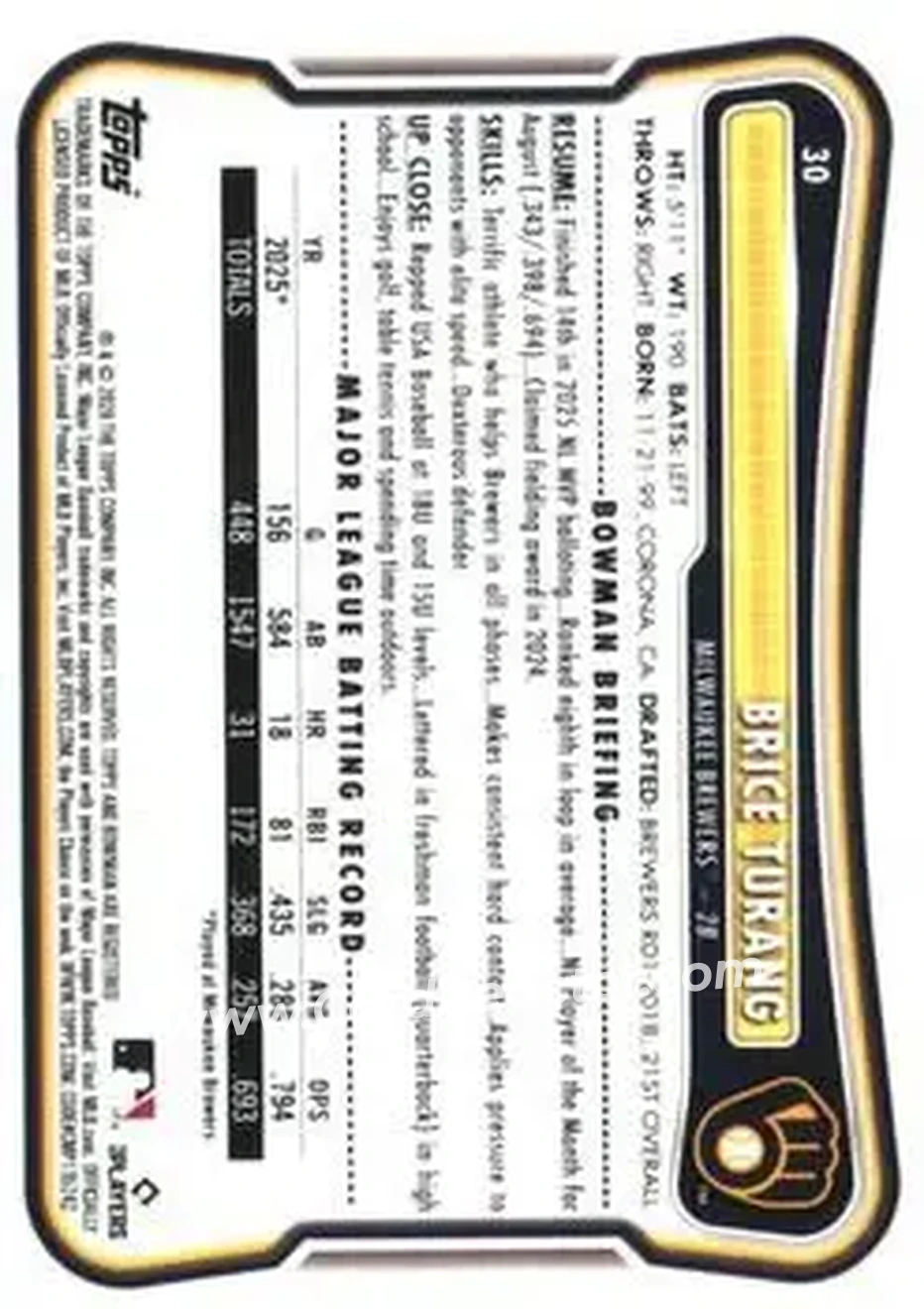 2026 Bowman - Neon Green #30 - Brice Turang - Milwaukee Brewers - Back 2026 Bowman - Neon Green #30 - Brice Turang - Milwaukee Brewers - Back