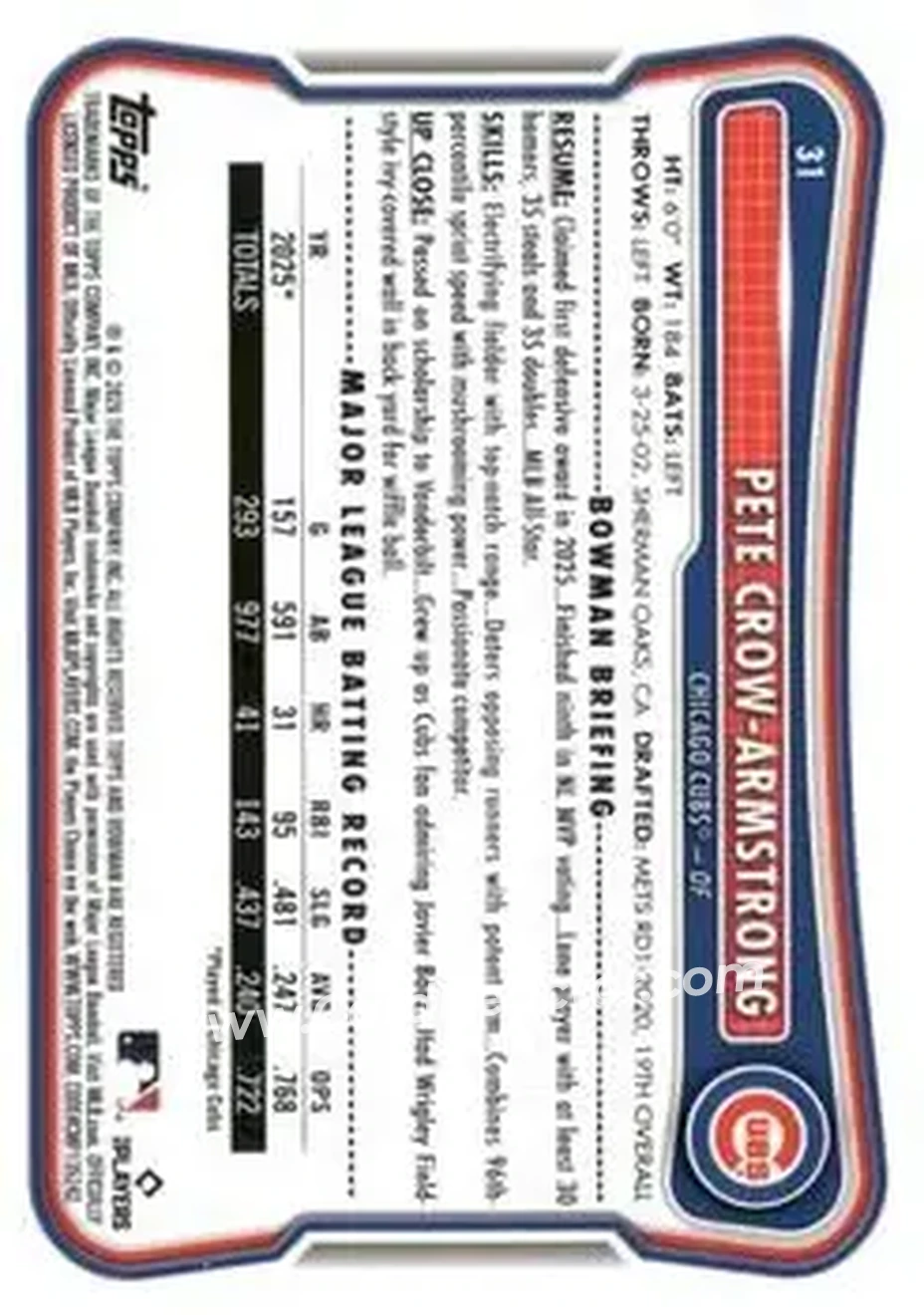 2026 Bowman - Neon Green #31 - Pete Crow-Armstrong - Chicago Cubs - Back 2026 Bowman - Neon Green #31 - Pete Crow-Armstrong - Chicago Cubs - Back