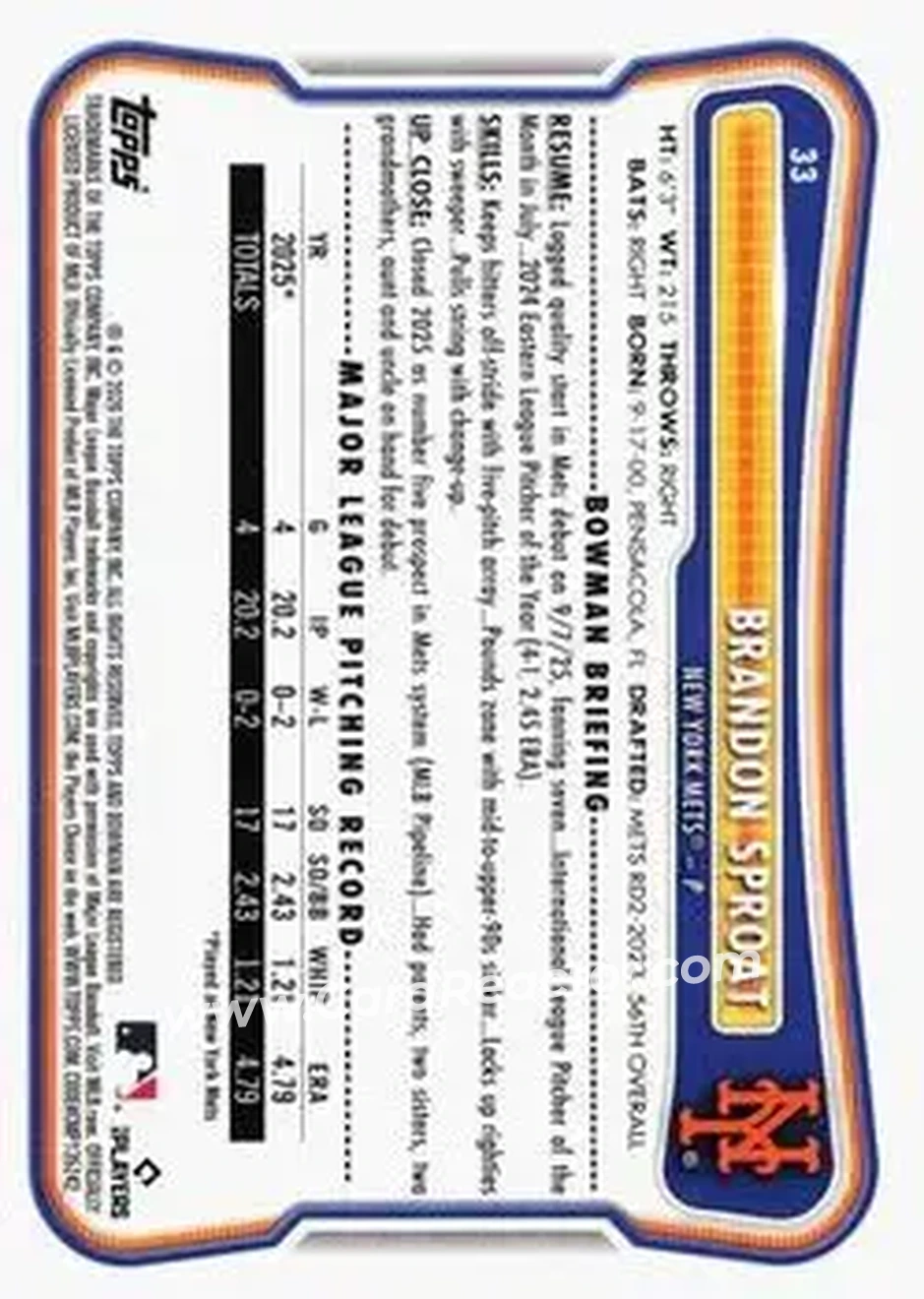 2026 Bowman - Neon Green #33 - Brandon Sproat - New York Mets - Back