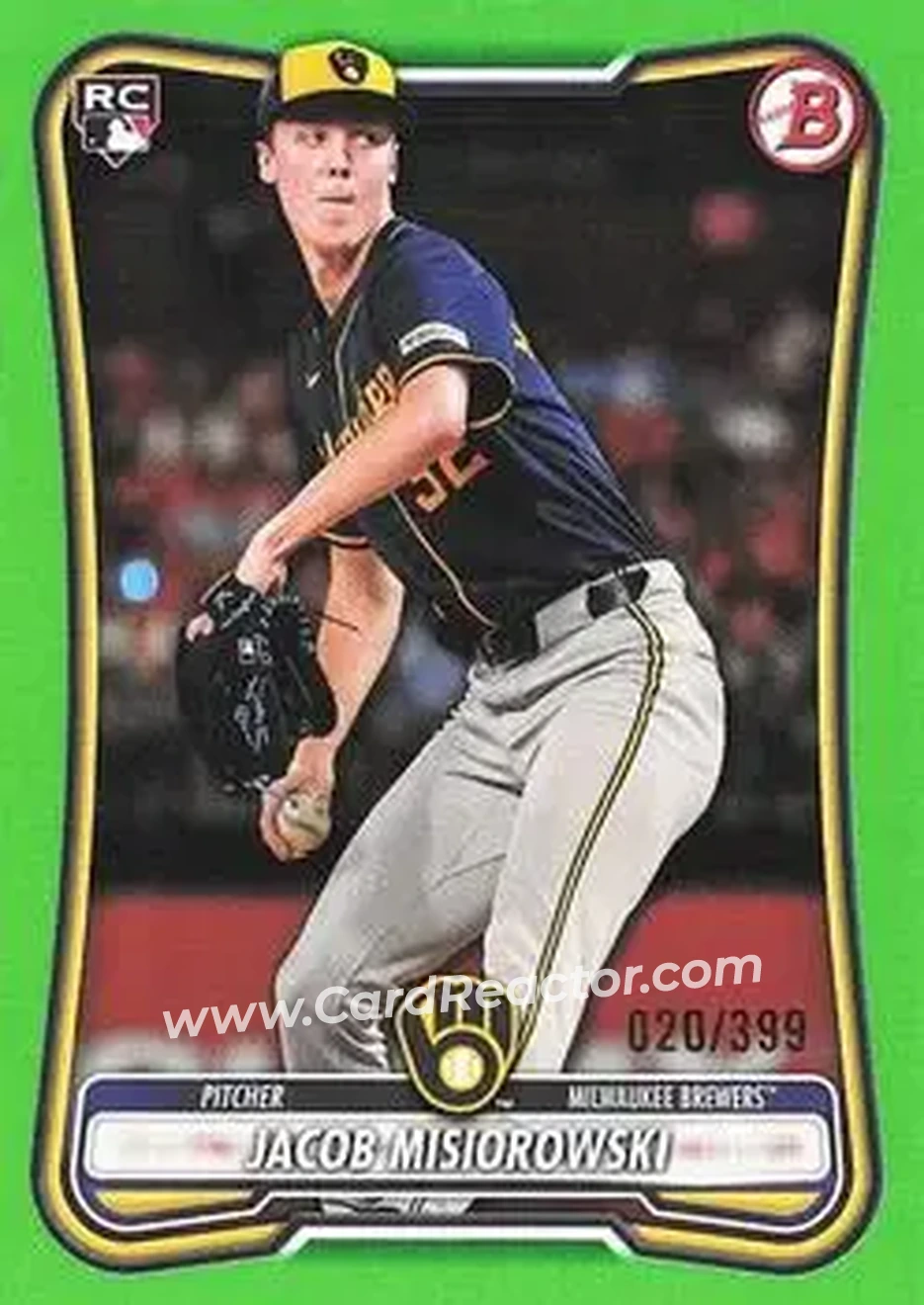 2026 Bowman - Neon Green #35 - Jacob Misiorowski - Milwaukee Brewers - Front