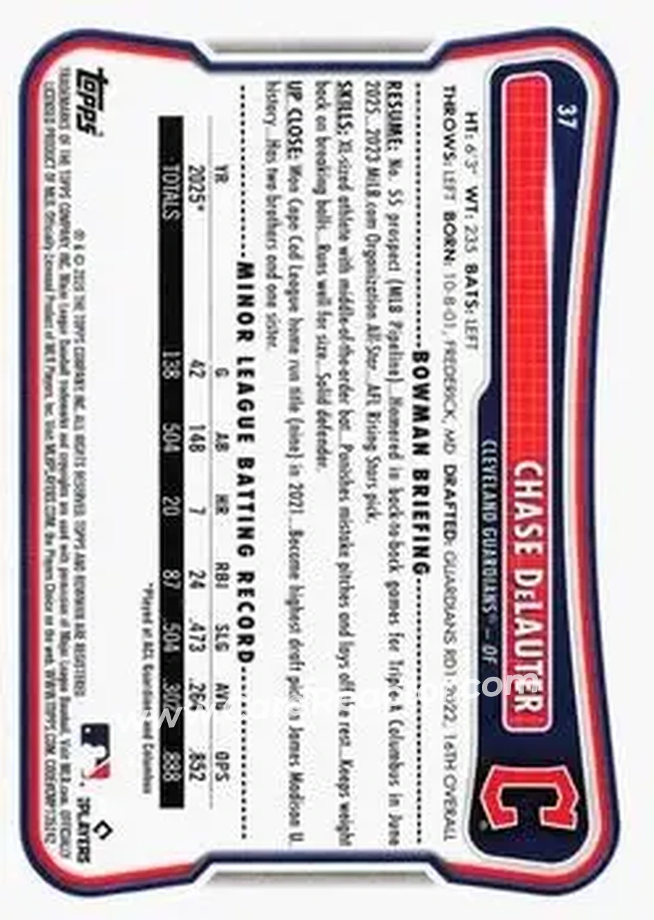 2026 Bowman - Neon Green #37 - Chase DeLauter - Cleveland Guardians - Back 2026 Bowman - Neon Green #37 - Chase DeLauter - Cleveland Guardians - Back