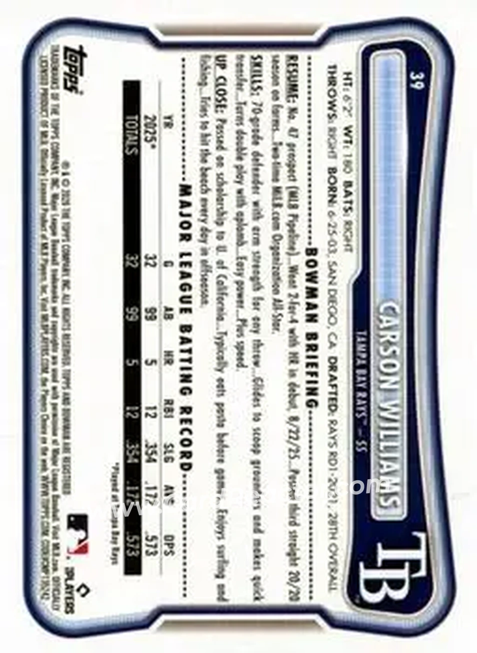 2026 Bowman - Neon Green #39 - Carson Williams - Tampa Bay Rays - Back