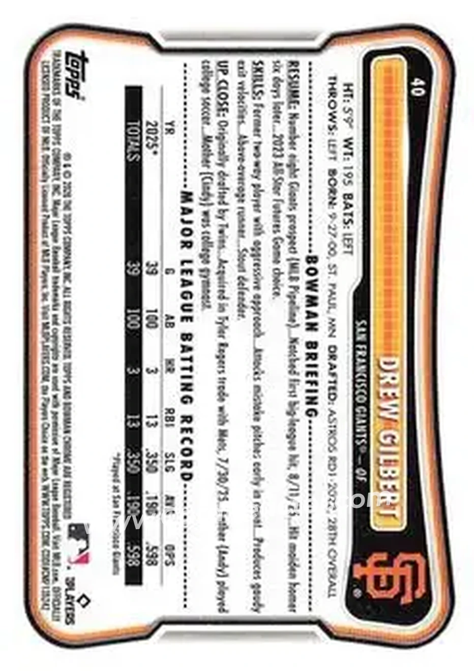 2026 Bowman - Neon Green #40 - Drew Gilbert - San Francisco Giants - Back