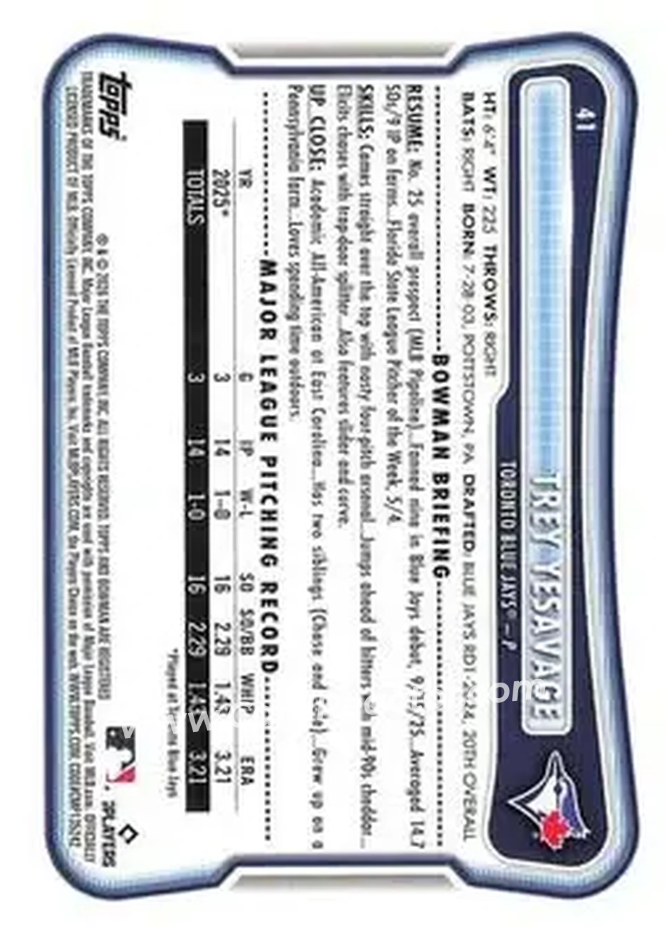 2026 Bowman - Neon Green #41 - Trey Yesavage - Toronto Blue Jays - Back