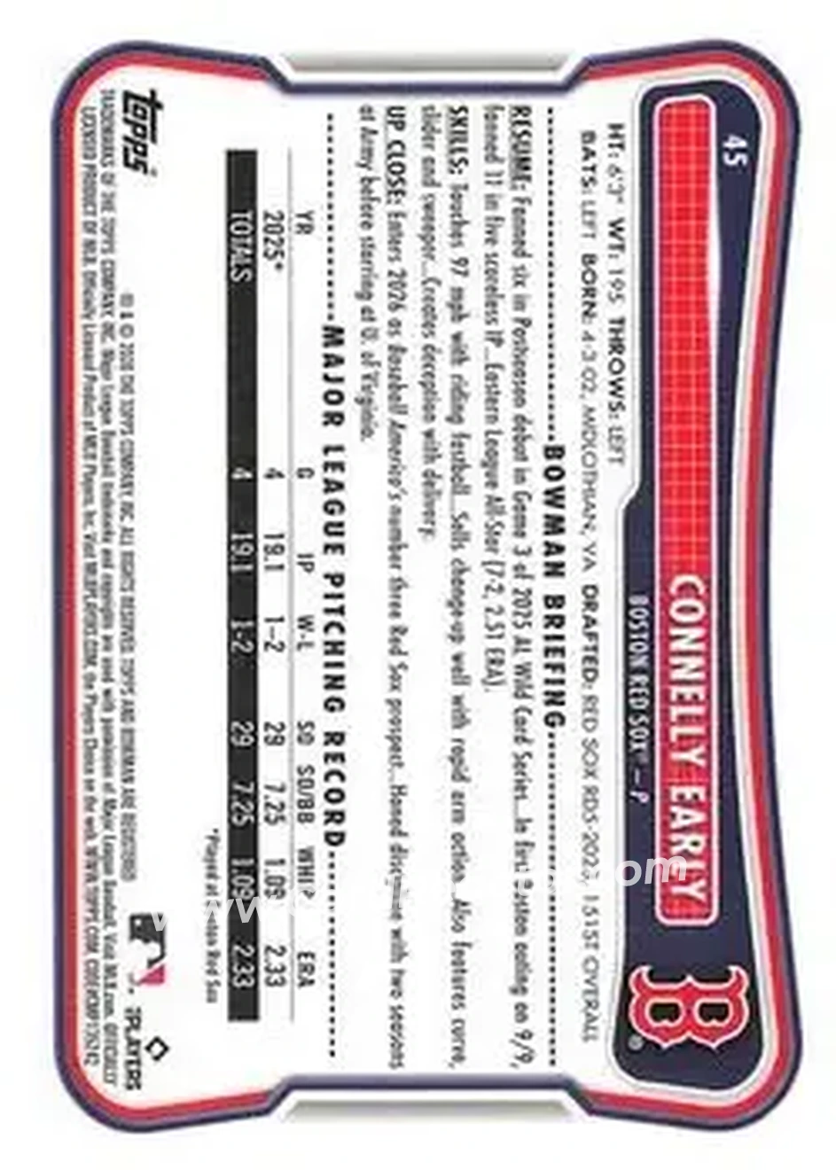 2026 Bowman - Neon Green #45 - Connelly Early - Boston Red Sox - Back 2026 Bowman - Neon Green #45 - Connelly Early - Boston Red Sox - Back