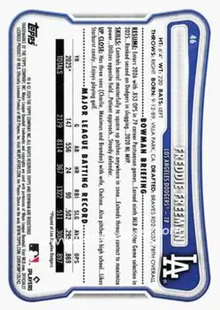 2026 Bowman - Neon Green #46 - Freddie Freeman - Los Angeles Dodgers - Back