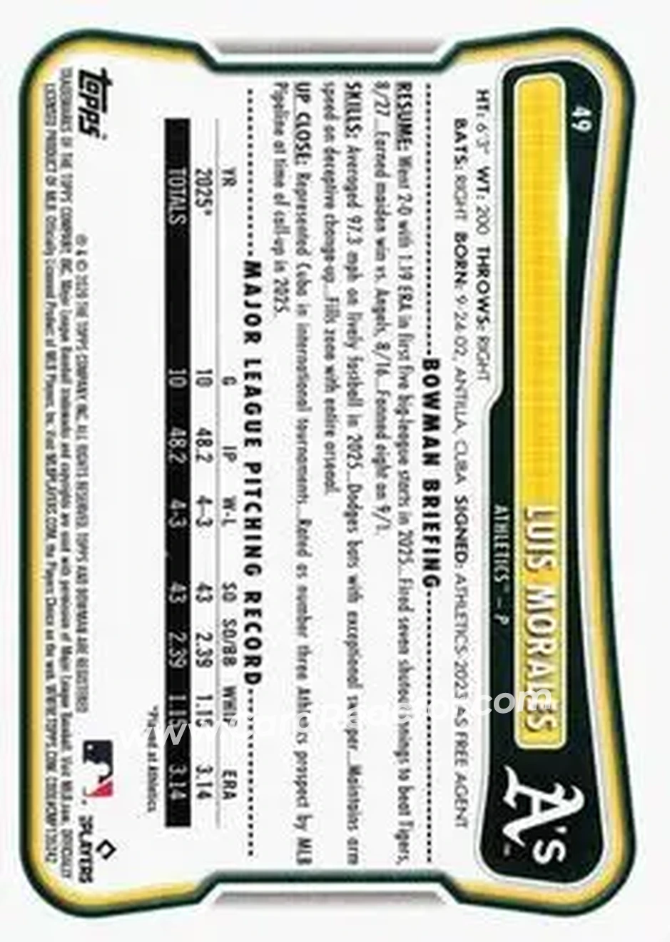 2026 Bowman - Neon Green #49 - Luis Morales - Athletics - Back