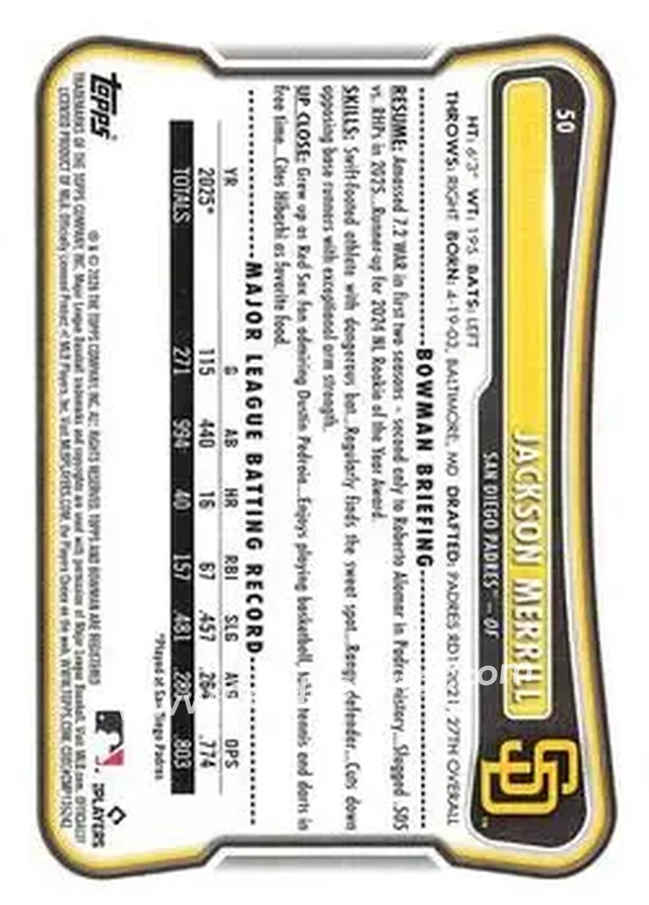 2026 Bowman - Neon Green #50 - Jackson Merrill - San Diego Padres - Back