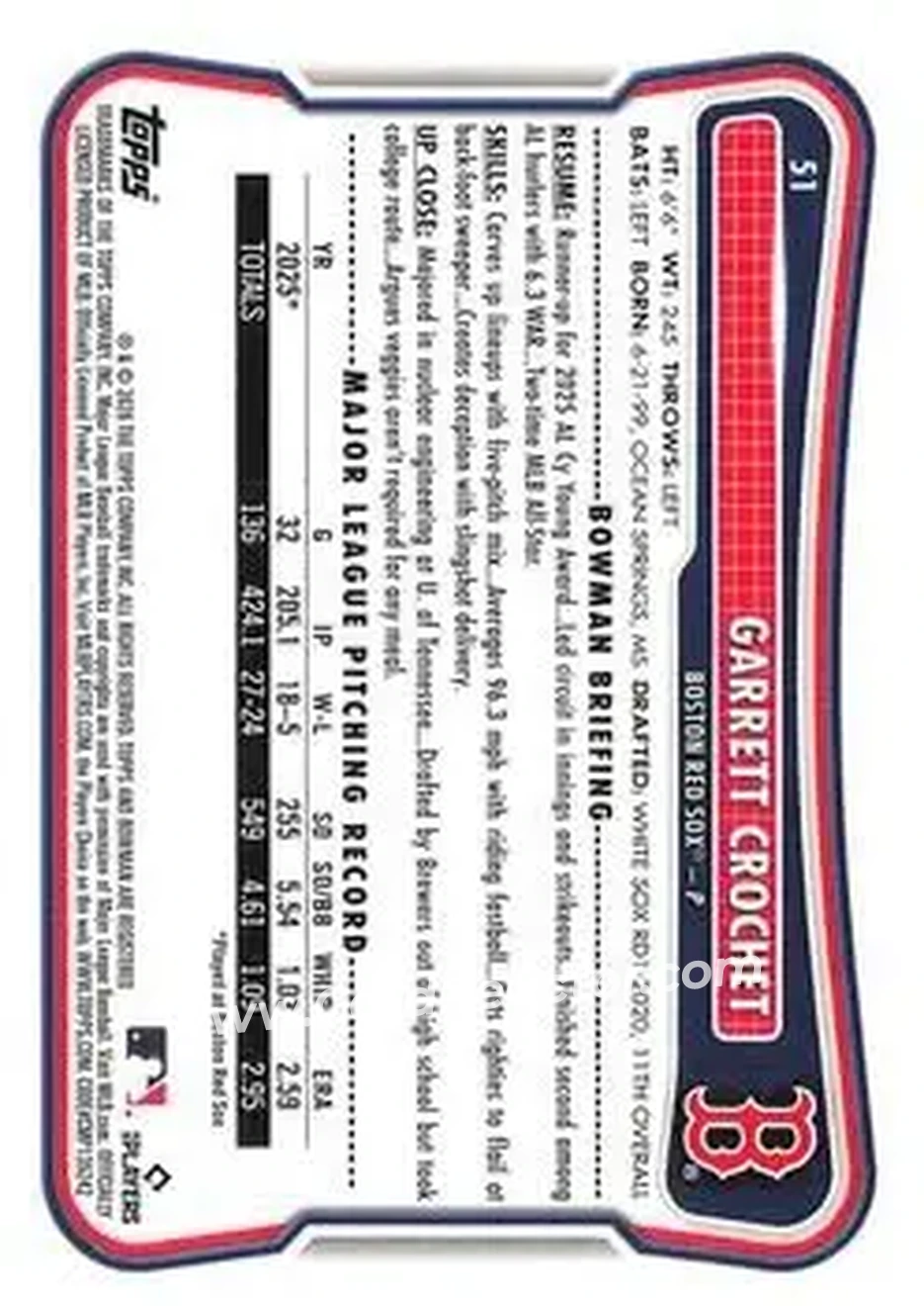 2026 Bowman - Neon Green #51 - Garrett Crochet - Boston Red Sox - Back 2026 Bowman - Neon Green #51 - Garrett Crochet - Boston Red Sox - Back