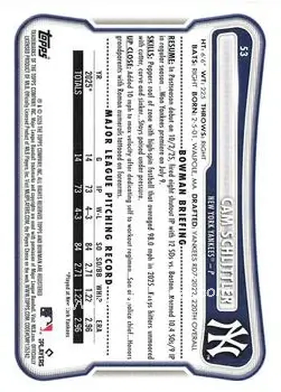 2026 Bowman - Neon Green #53 - Cam Schlittler - New York Yankees - Back