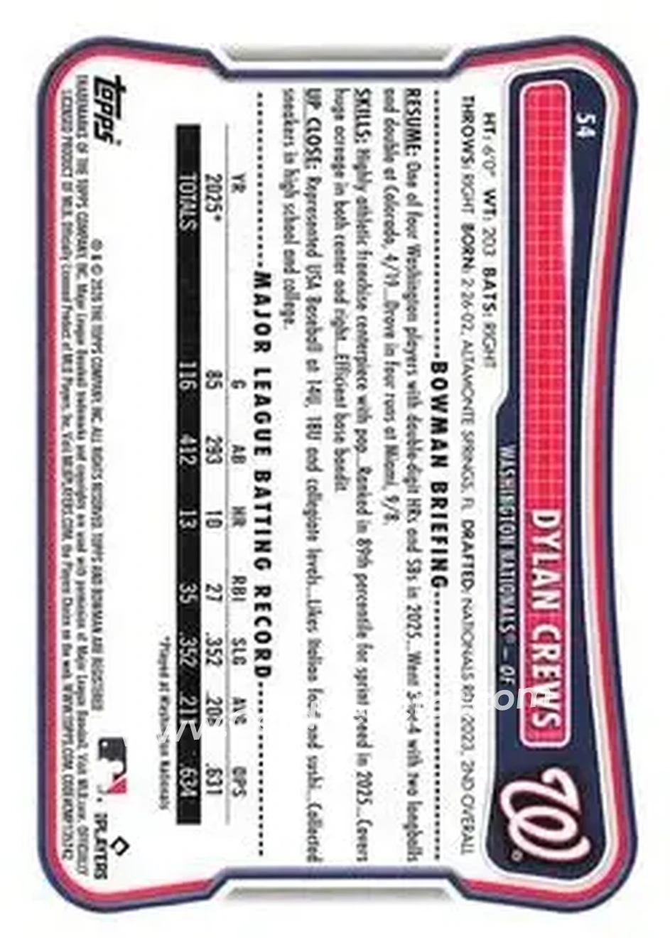 2026 Bowman - Neon Green #54 - Dylan Crews - Washington Nationals - Back