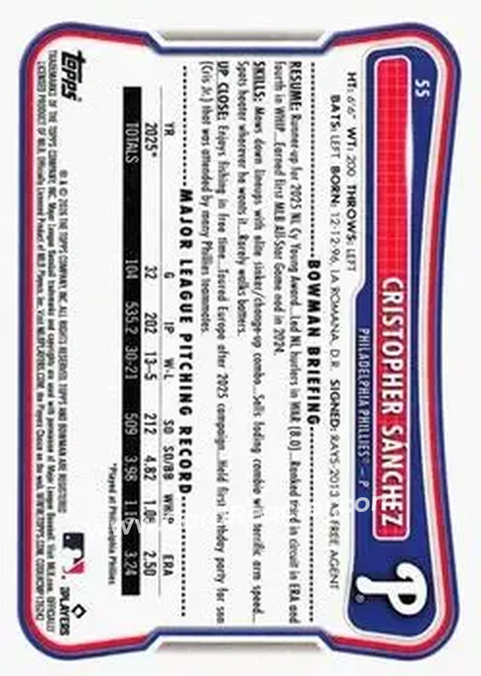 2026 Bowman - Neon Green #55 - Cristopher Sánchez - Philadelphia Phillies - Back