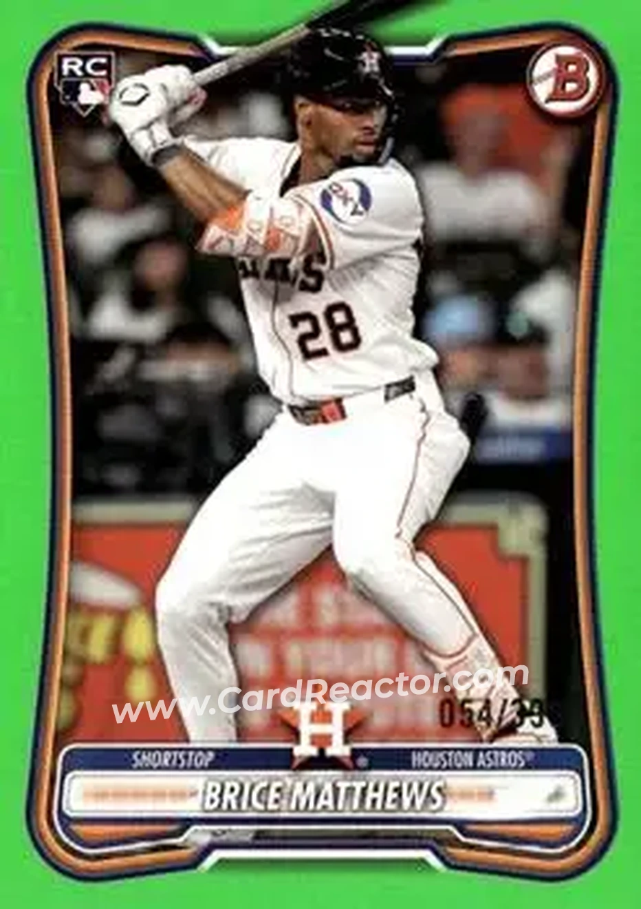 2026 Bowman - Neon Green #56 - Brice Matthews - Houston Astros - Front 2026 Bowman - Neon Green #56 - Brice Matthews - Houston Astros - Front