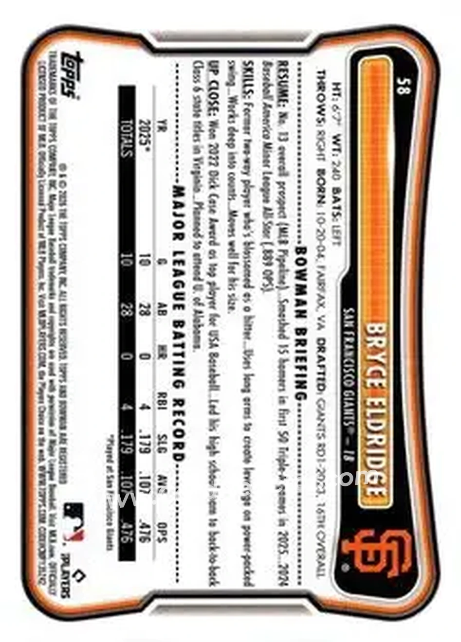 2026 Bowman - Neon Green #58 - Bryce Eldridge - San Francisco Giants - Back