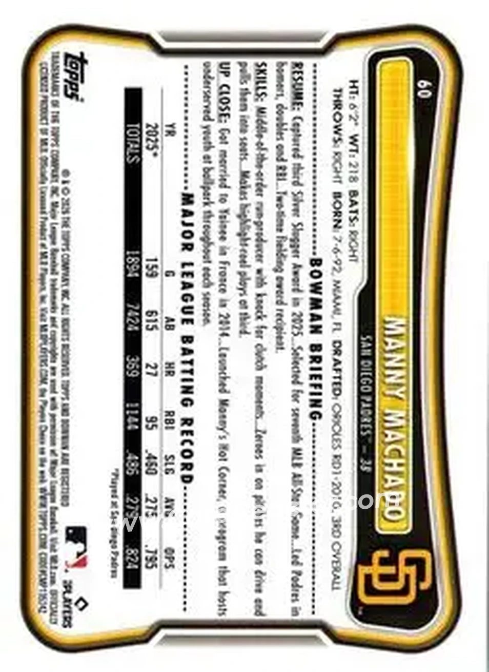 2026 Bowman - Neon Green #60 - Manny Machado - San Diego Padres - Back