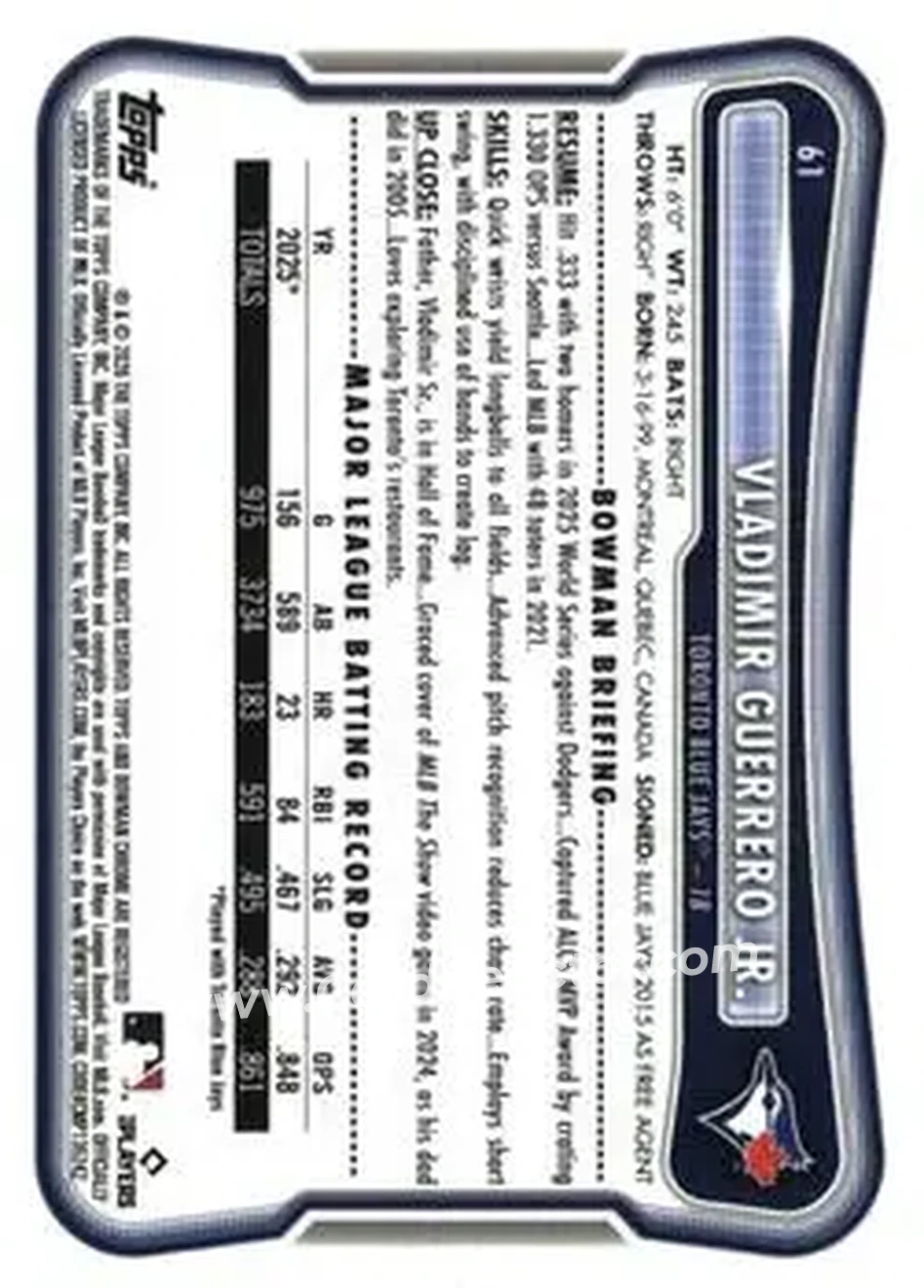 2026 Bowman - Neon Green #61 - Vladimir Guerrero Jr. - Toronto Blue Jays - Back