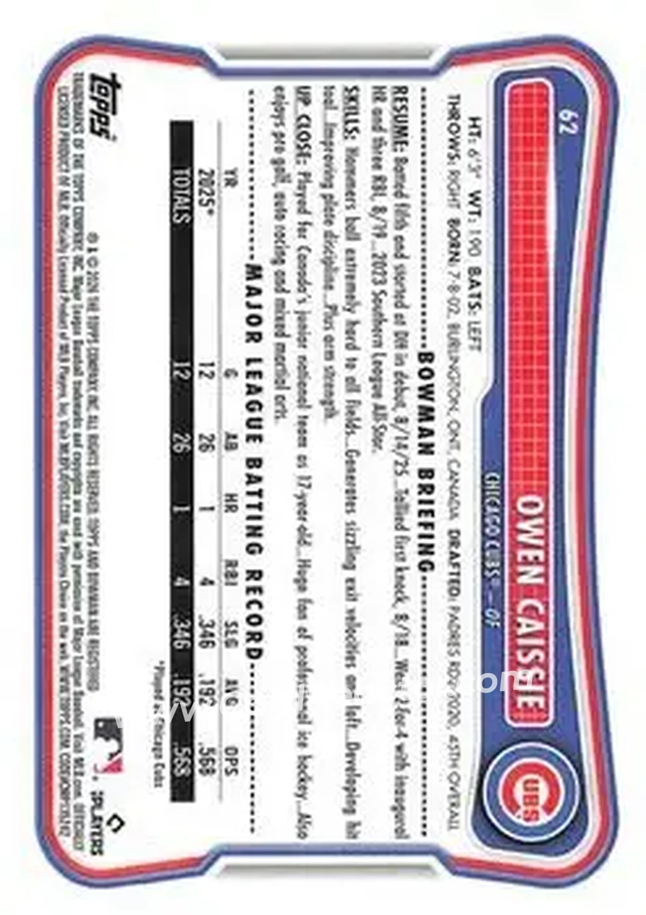 2026 Bowman - Neon Green #62 - Owen Caissie - Chicago Cubs - Back