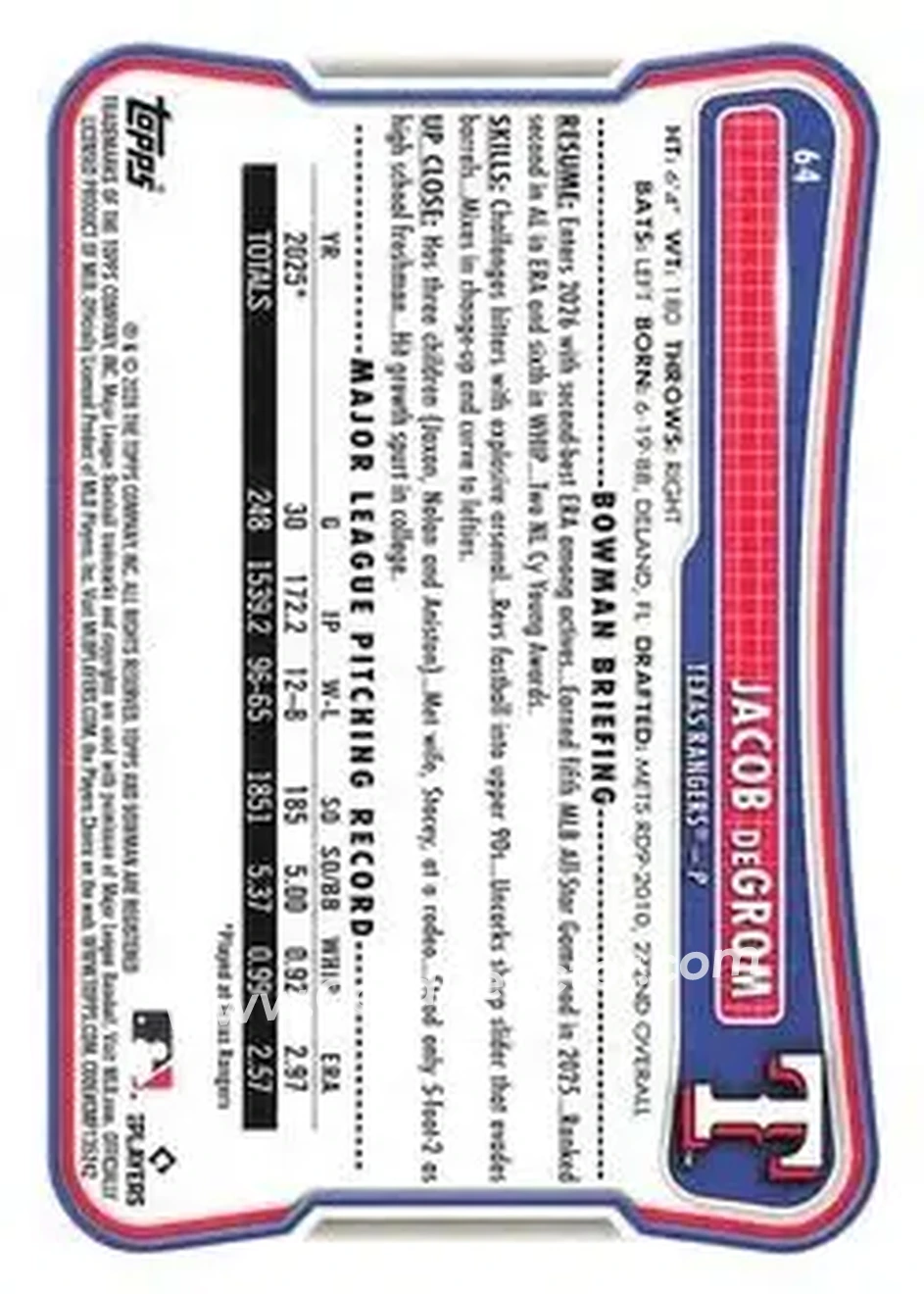 2026 Bowman - Neon Green #64 - Jacob deGrom - Texas Rangers - Back