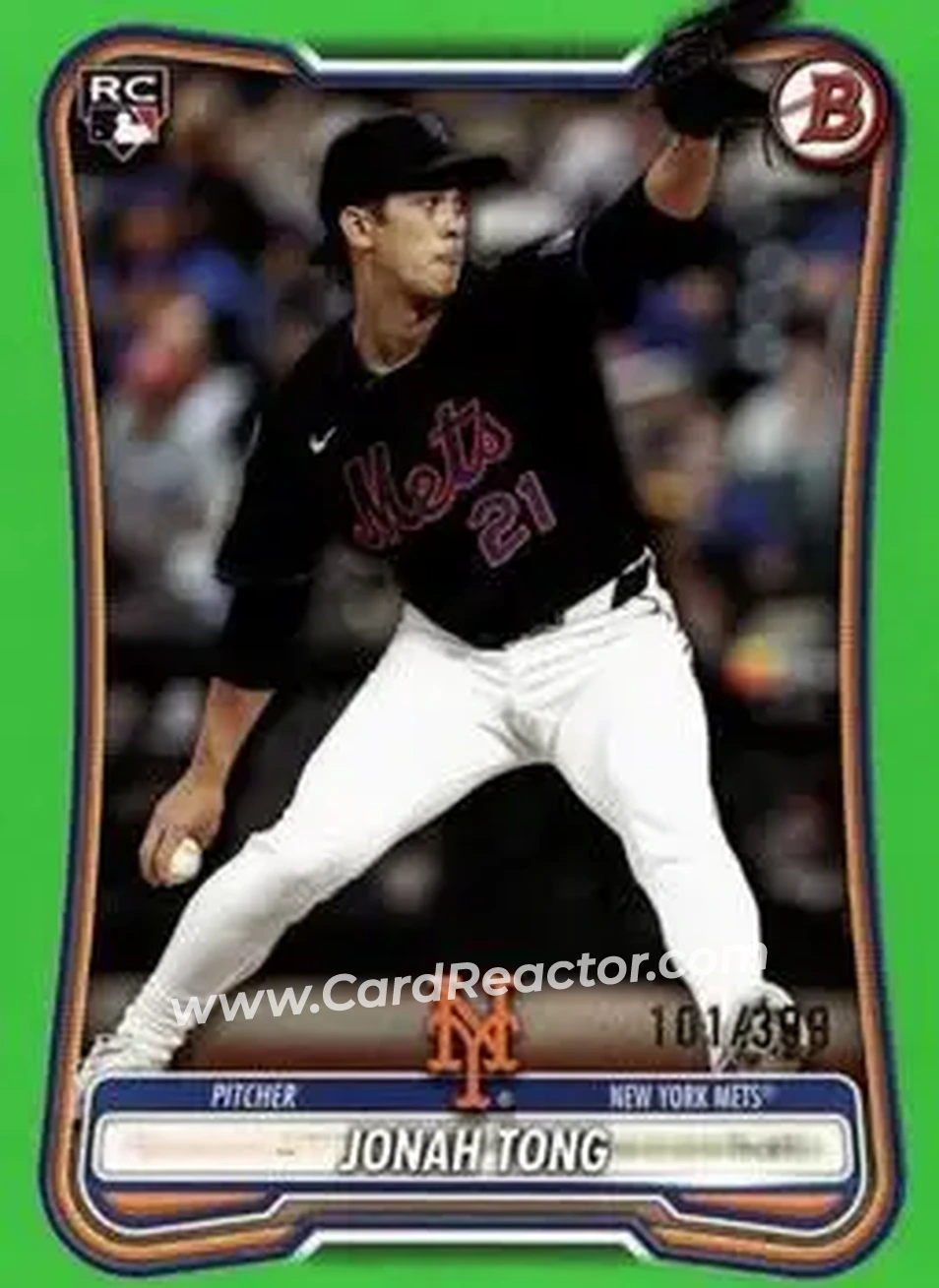 2026 Bowman - Neon Green #65 - Jonah Tong - New York Mets - Front 2026 Bowman - Neon Green #65 - Jonah Tong - New York Mets - Front