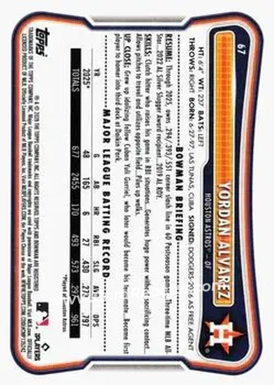 2026 Bowman - Neon Green #67 - Yordan Alvarez - Houston Astros - Back 2026 Bowman - Neon Green #67 - Yordan Alvarez - Houston Astros - Back