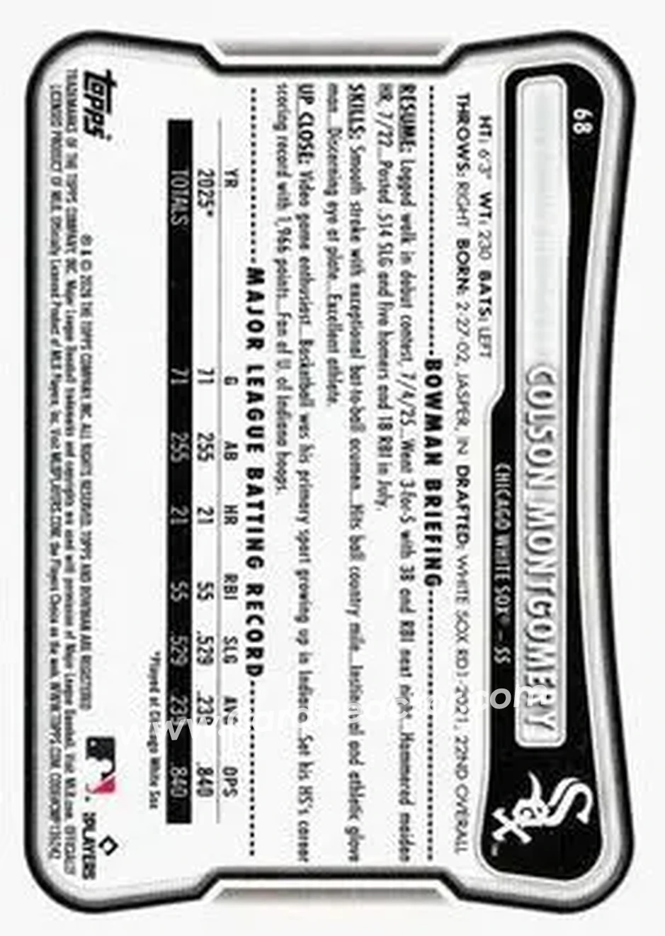 2026 Bowman - Neon Green #68 - Colson Montgomery - Chicago White Sox - Back 2026 Bowman - Neon Green #68 - Colson Montgomery - Chicago White Sox - Back