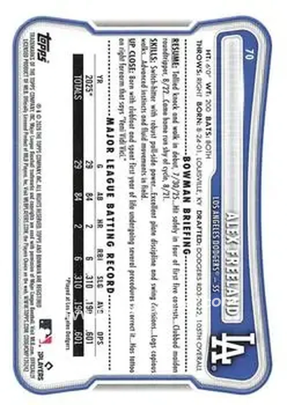 2026 Bowman - Neon Green #70 - Alex Freeland - Los Angeles Dodgers - Back 2026 Bowman - Neon Green #70 - Alex Freeland - Los Angeles Dodgers - Back