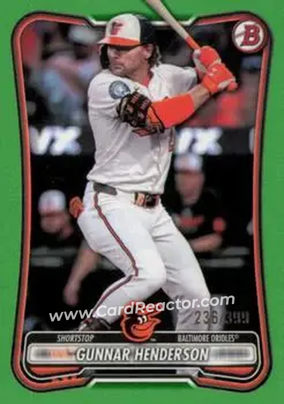 2026 Bowman - Neon Green #73 - Gunnar Henderson - Baltimore Orioles - Front 2026 Bowman - Neon Green #73 - Gunnar Henderson - Baltimore Orioles - Front