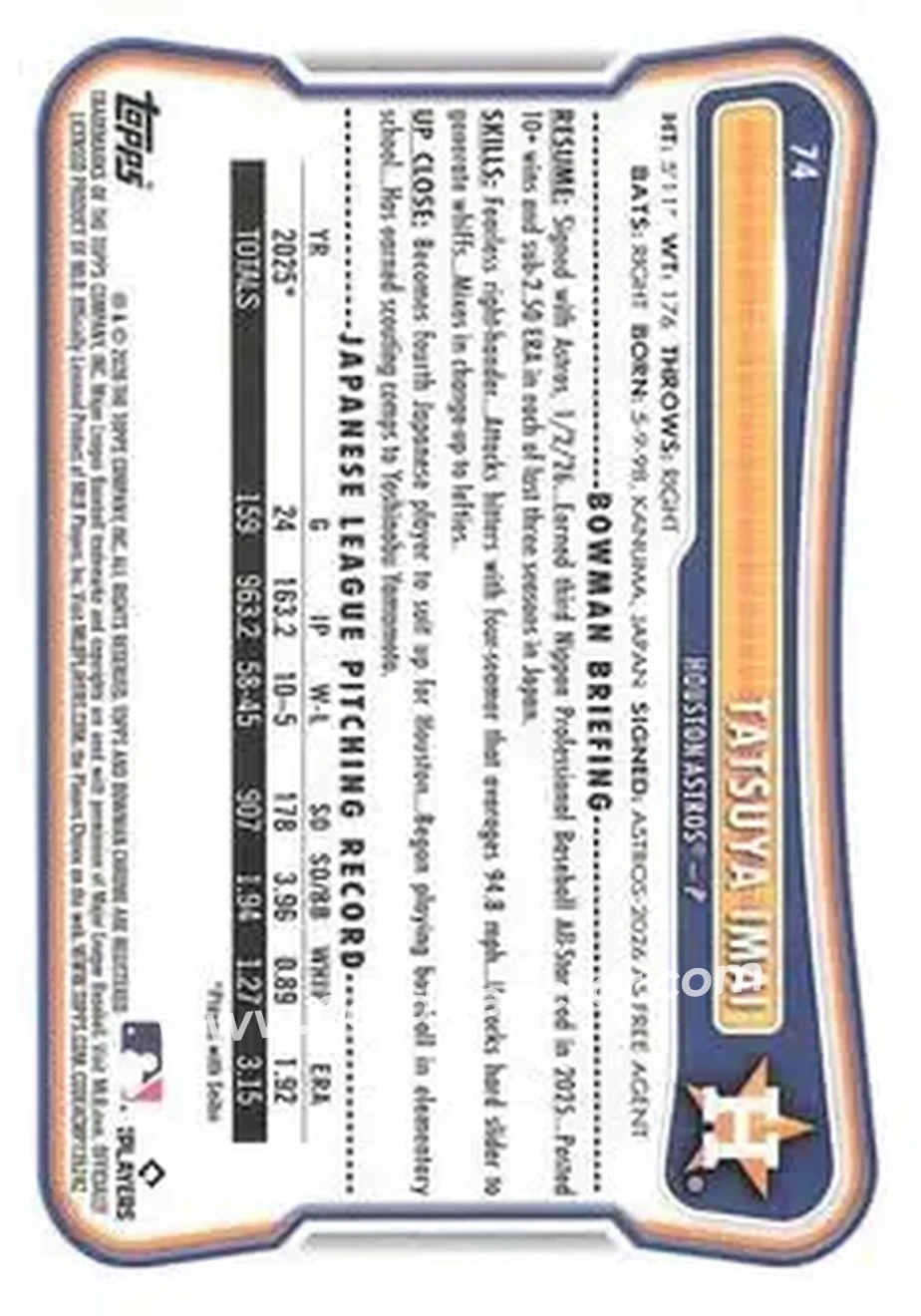 2026 Bowman - Neon Green #74 - Tatsuya Imai - Houston Astros - Back 2026 Bowman - Neon Green #74 - Tatsuya Imai - Houston Astros - Back