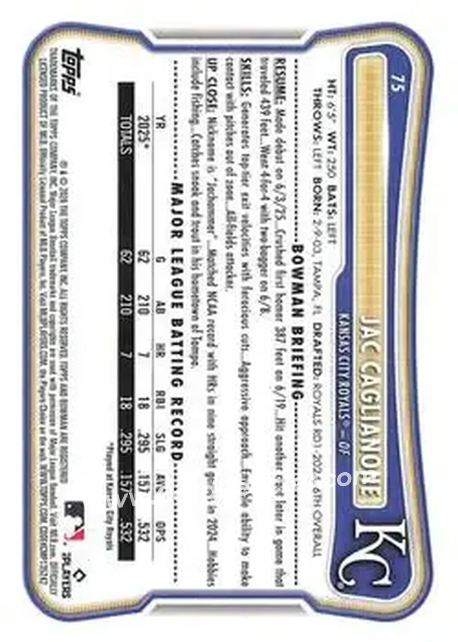 2026 Bowman - Neon Green #75 - Jac Caglianone - Kansas City Royals - Back 2026 Bowman - Neon Green #75 - Jac Caglianone - Kansas City Royals - Back