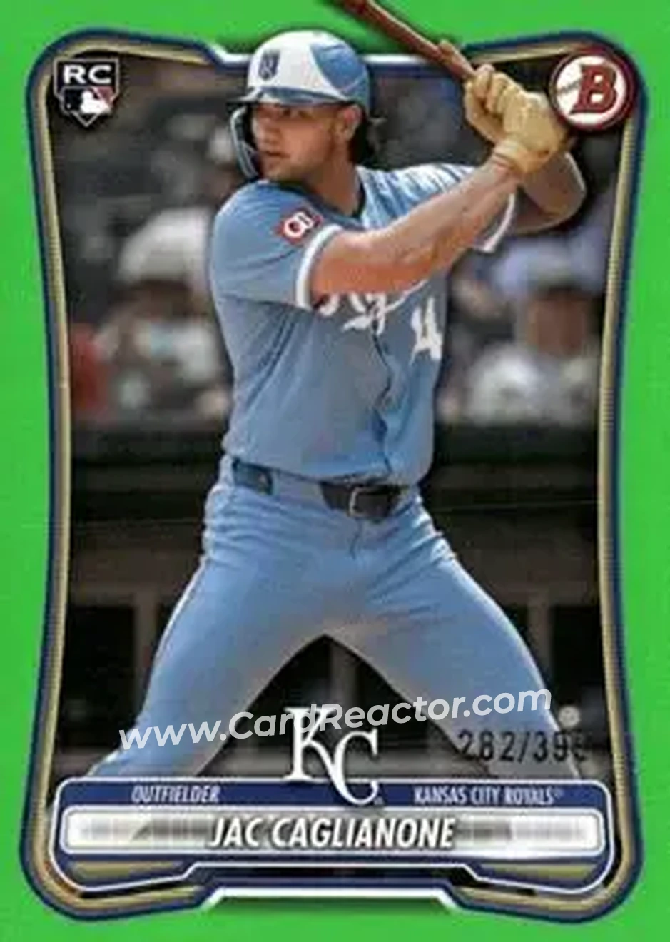 2026 Bowman - Neon Green #75 - Jac Caglianone - Kansas City Royals - Front 2026 Bowman - Neon Green #75 - Jac Caglianone - Kansas City Royals - Front
