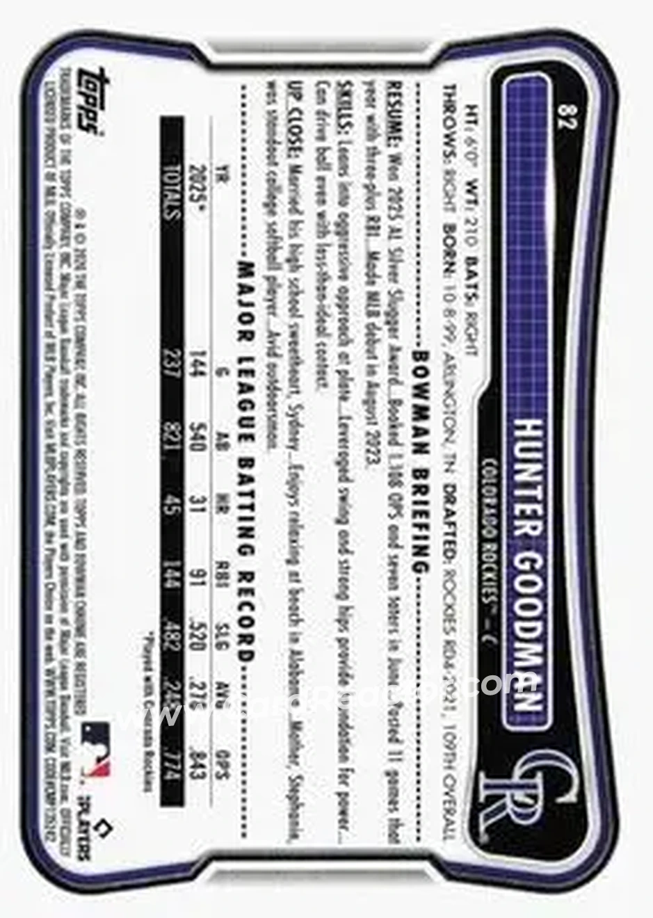 2026 Bowman - Neon Green #82 - Hunter Goodman - Colorado Rockies - Back