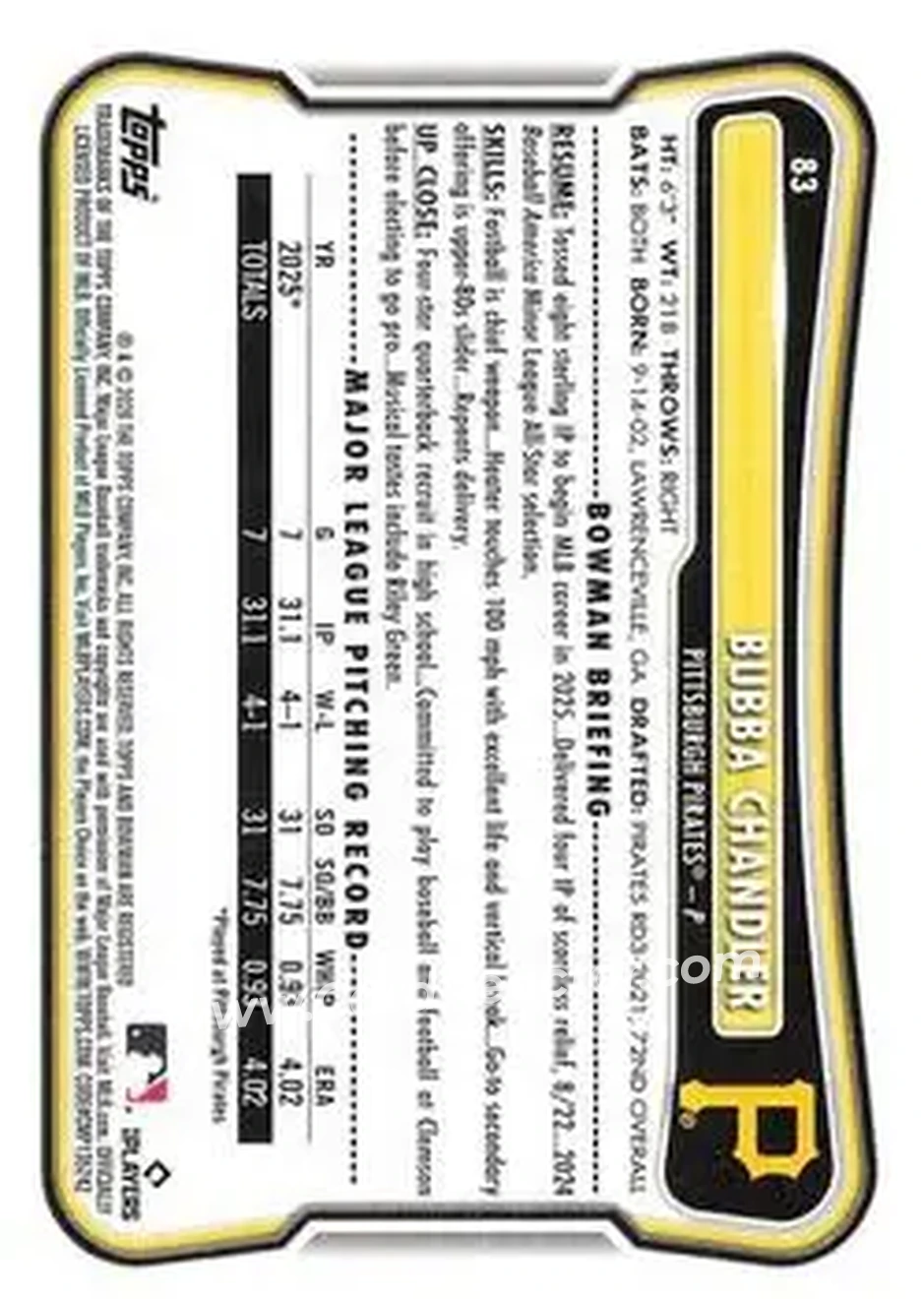2026 Bowman - Neon Green #83 - Bubba Chandler - Pittsburgh Pirates - Back