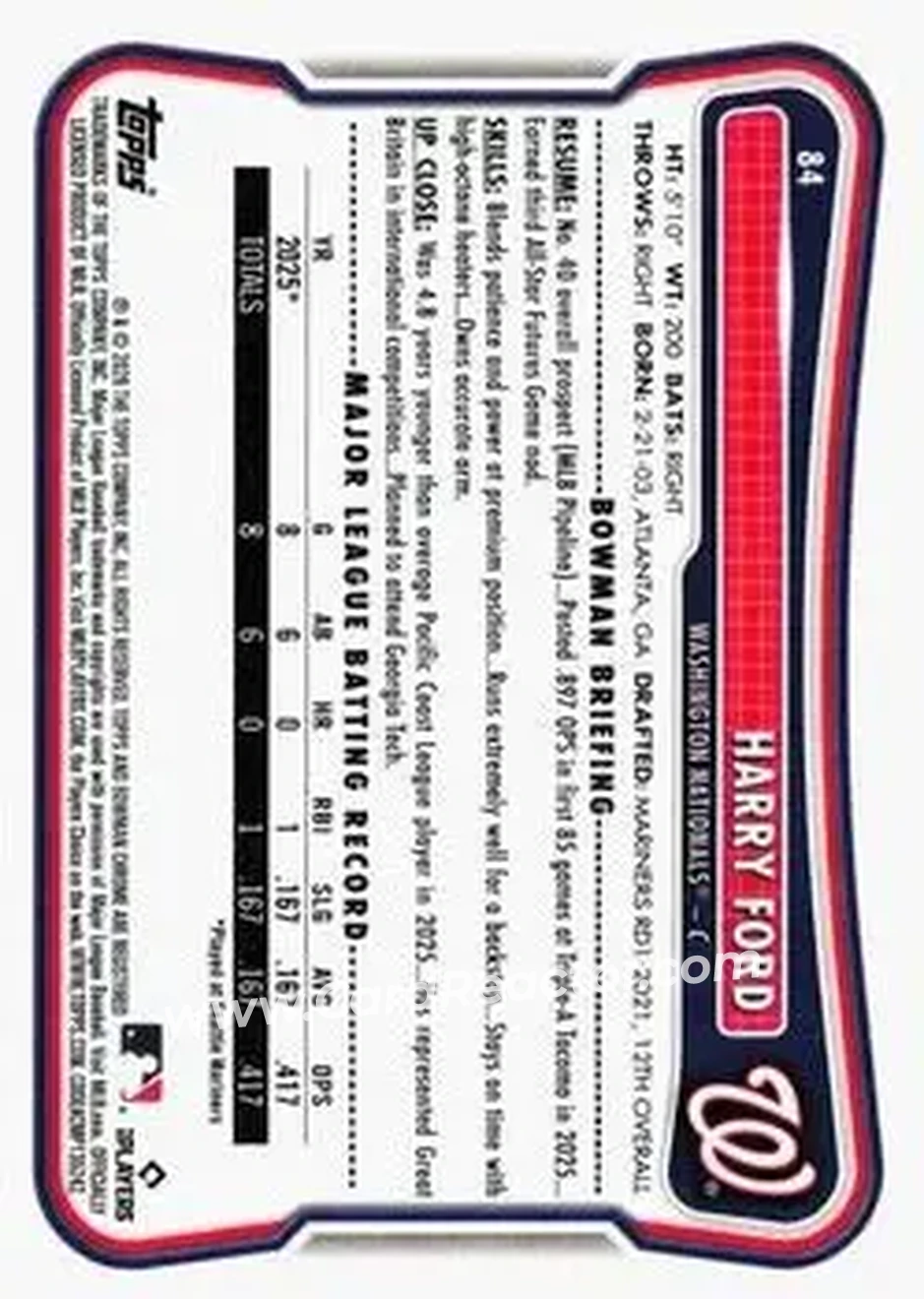 2026 Bowman - Neon Green #84 - Harry Ford - Washington Nationals - Back