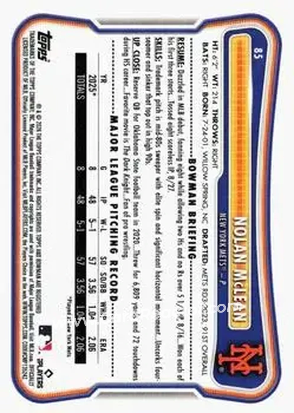 2026 Bowman - Neon Green #85 - Nolan McLean - New York Mets - Back