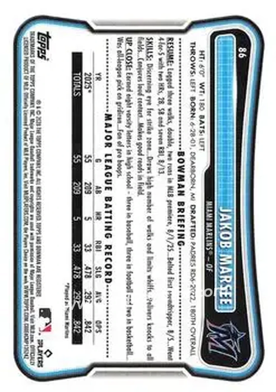 2026 Bowman - Neon Green #86 - Jakob Marsee - Miami Marlins - Back 2026 Bowman - Neon Green #86 - Jakob Marsee - Miami Marlins - Back