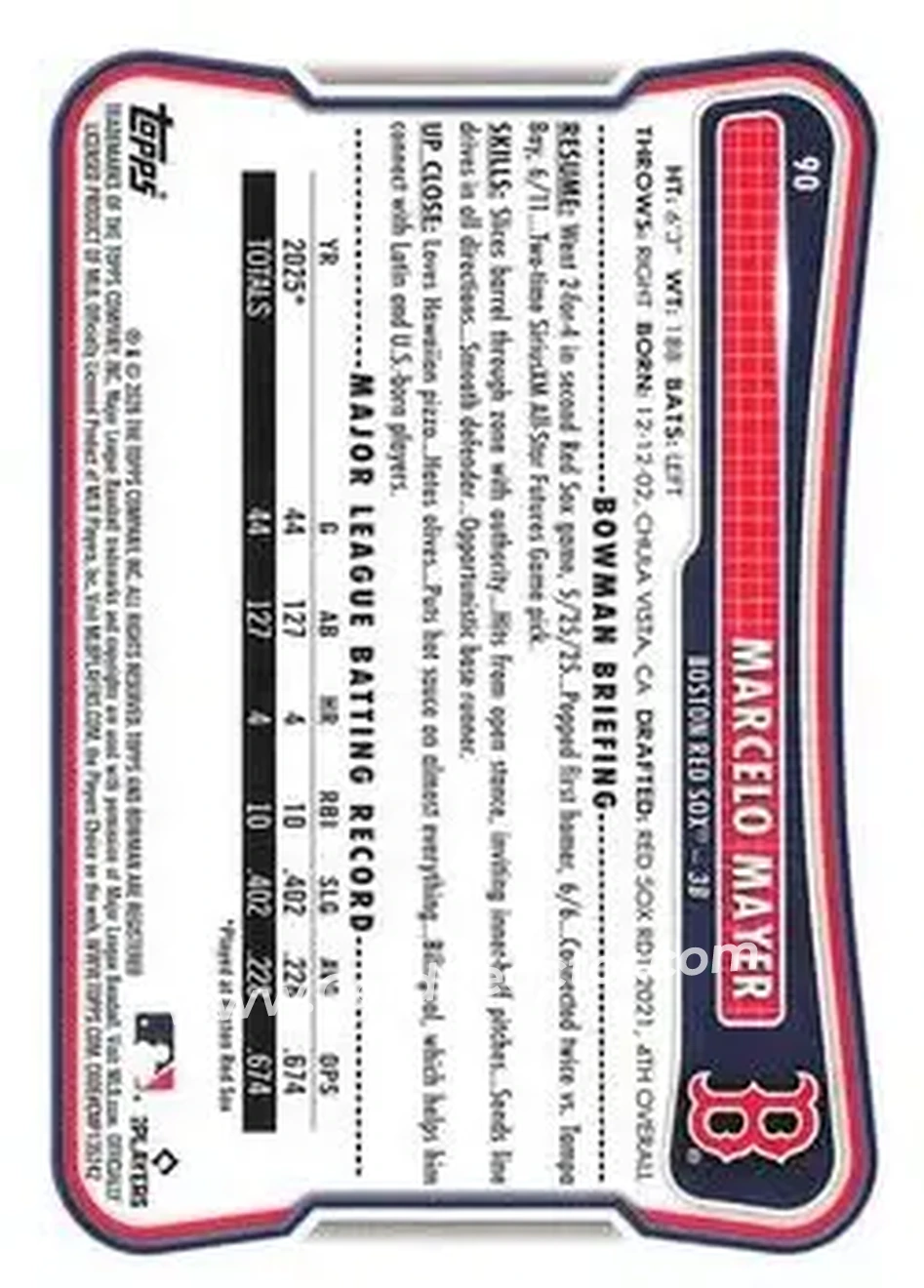 2026 Bowman - Neon Green #90 - Marcelo Mayer - Boston Red Sox - Back