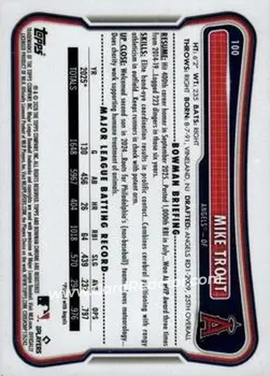 2026 Bowman - Green Pattern #100 - Mike Trout - Los Angeles Angels - Back 2026 Bowman - Green Pattern #100 - Mike Trout - Los Angeles Angels - Back