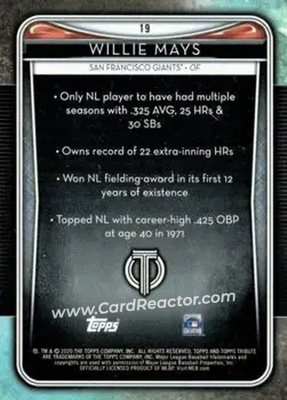 2020 Topps Tribute #19 - Willie Mays - San Francisco Giants - Back 2020 Topps Tribute #19 - Willie Mays - San Francisco Giants - Back