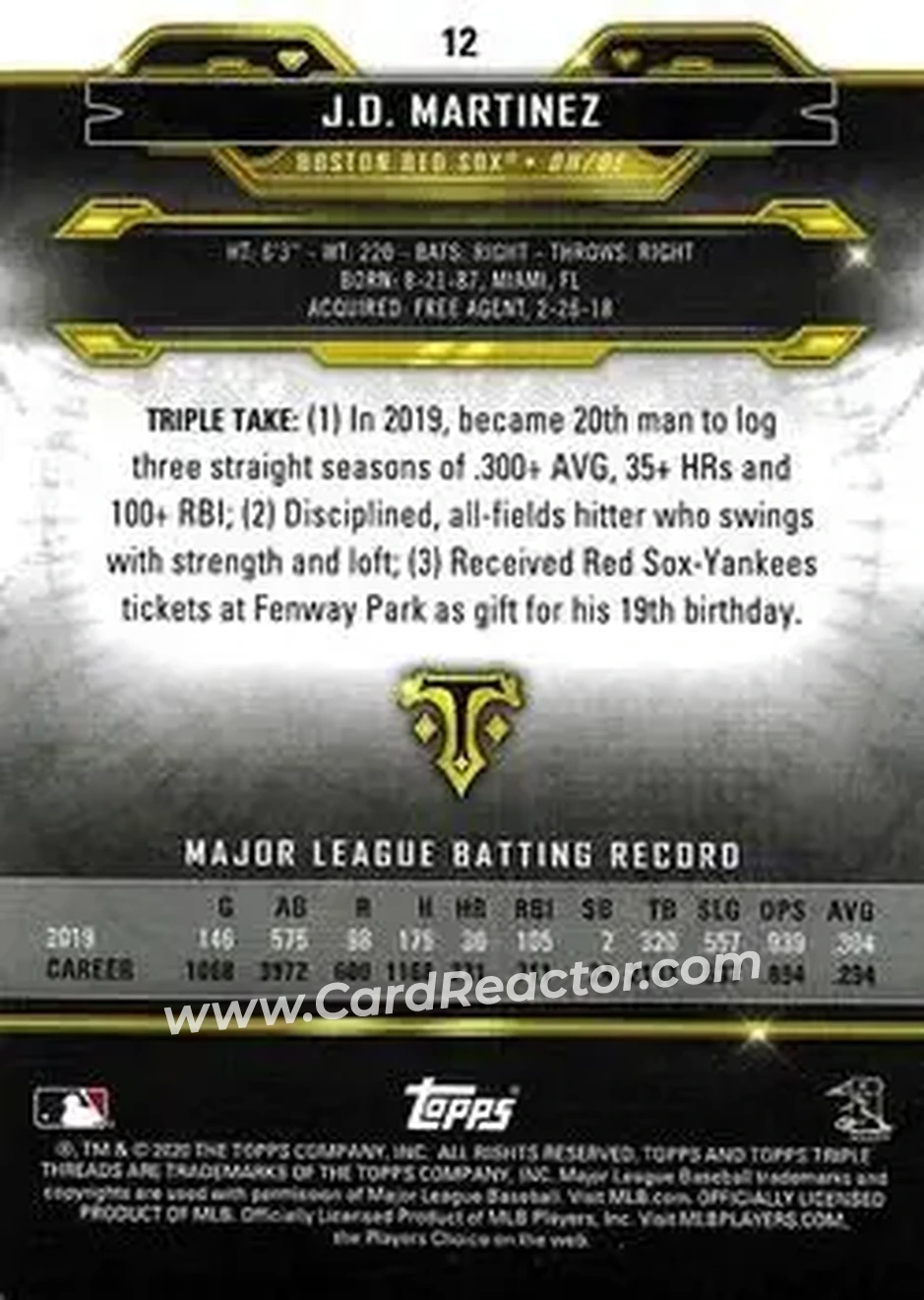 2020 Topps Triple Threads #12 - J.D. Martinez - Boston Red Sox - Back 2020 Topps Triple Threads #12 - J.D. Martinez - Boston Red Sox - Back