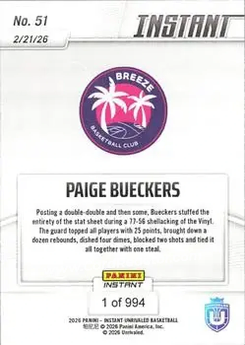 2026 Panini Instant Unrivaled #51 - Paige Bueckers - Breeze - Back 2026 Panini Instant Unrivaled #51 - Paige Bueckers - Breeze - Back